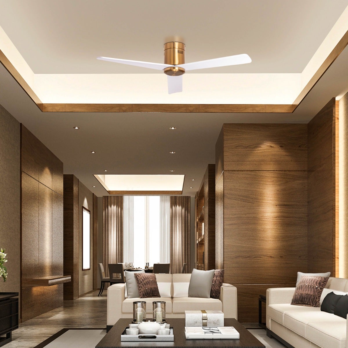 Monterey Bay (132 cm Span, Gold Finish Metal Body, White Finish Wooden Blades) Ceiling Fan