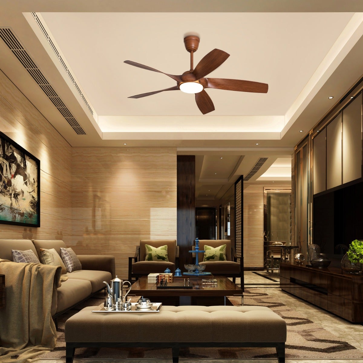 Redwood City (139 cm Span, Teak Wood Finish Metal Body, Teak Wood Finish ABS Blades) 3 Colour Dimmable LED With Remote Control Ceiling Fan