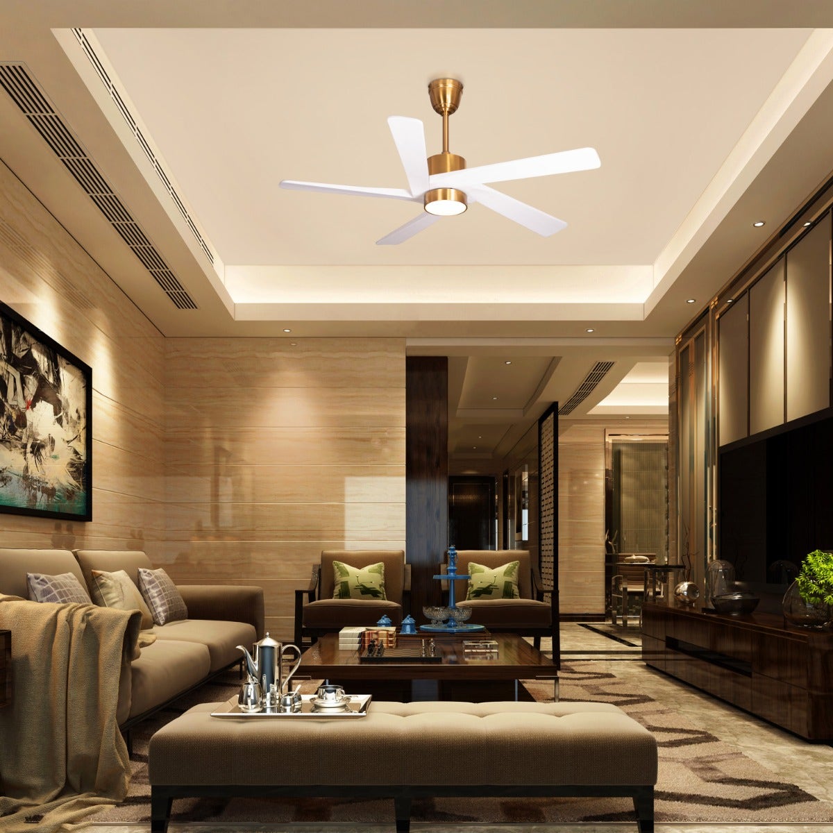 Bangkok Social (140 cm Span, Gold Finish Metal Body, White Finish Wooden Blades) Dimmable LED With Remote Control Ceiling Fan