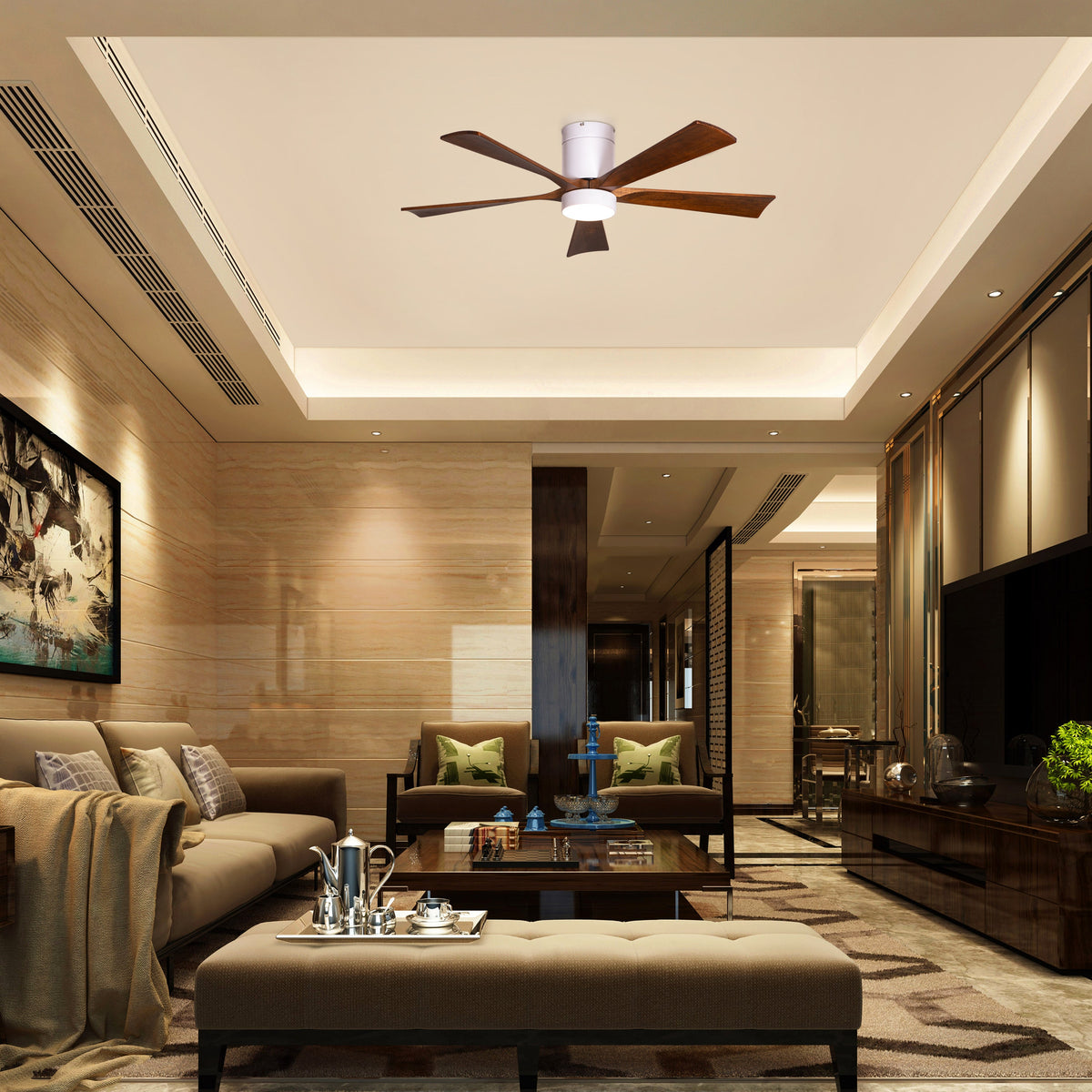 Peru Perfect (130 cm Span, White Finish Metal Body with Wooden Blades in Walnut Finish) 3 Color LED With Remote Control Ceiling Fan