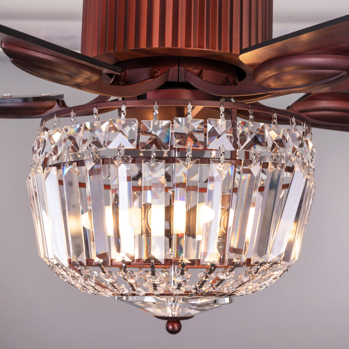 Encrusted (132 cm Span, Mahogany Color Metal Body, Mahogany Finish MDF Blades) Crystal Chandelier Ceiling Fan