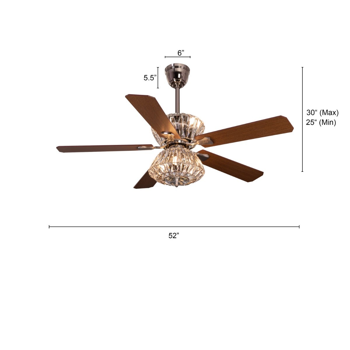 Embellished (132 cm Span, Chrome Finish Metal Body, Mahogany Finish Wooden Blade) Crystal Chandelier Ceiling Fan
