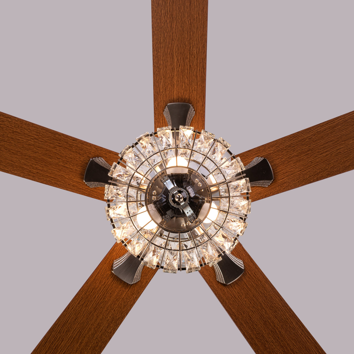 Embellished (132 cm Span, Chrome Finish Metal Body, Mahogany Finish Wooden Blade) Crystal Chandelier Ceiling Fan