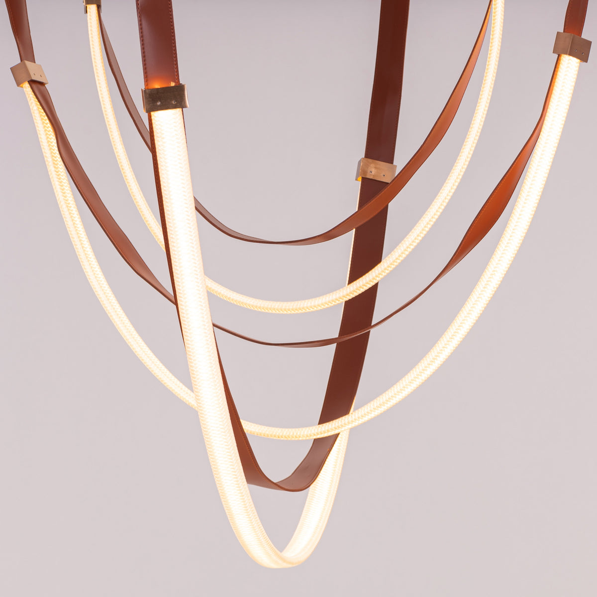 Buckle Up (Large, Brown, White, 3 Color Built-In LED) Leather Chandelier