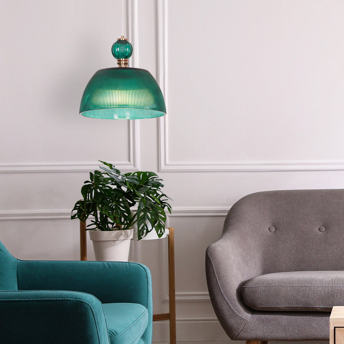 Teal Twist (Green, Gold) Textured Glass Pendant Light