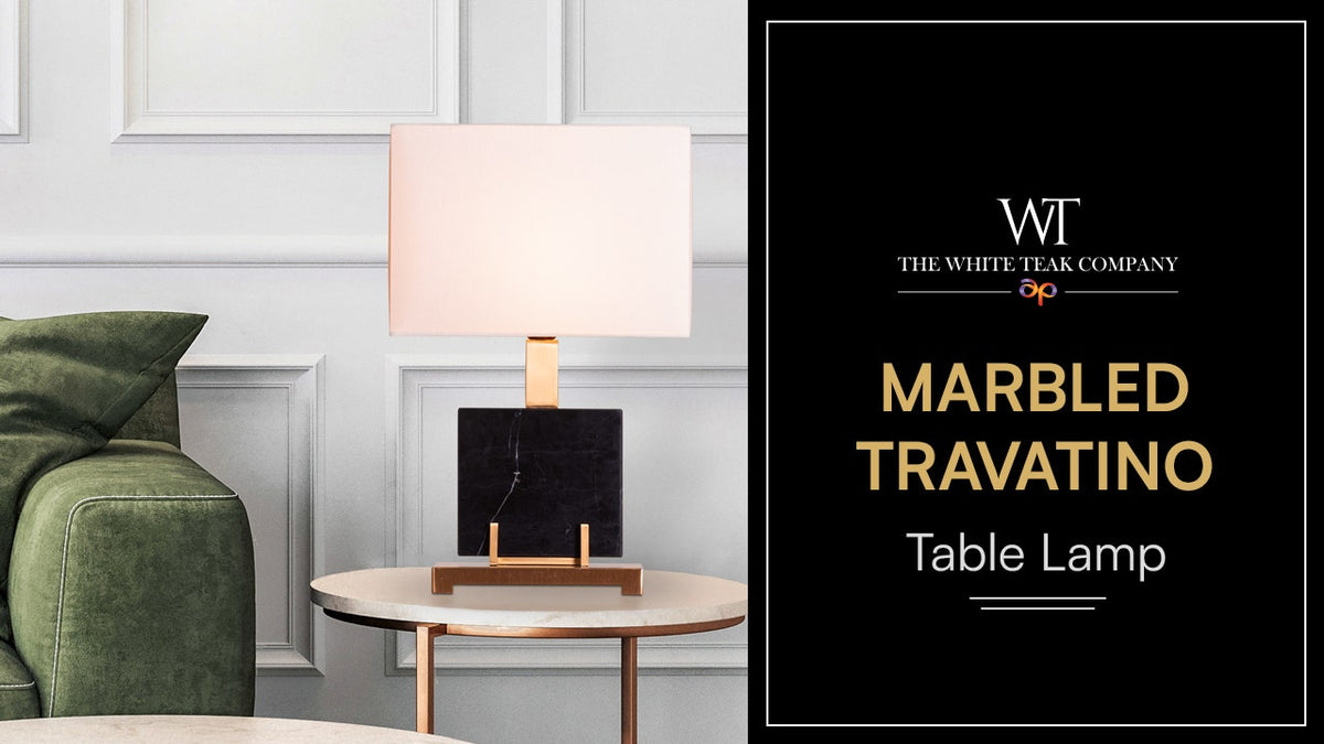 Marbled Travatino (Rectangular, Black, White) Marble Table Lamp