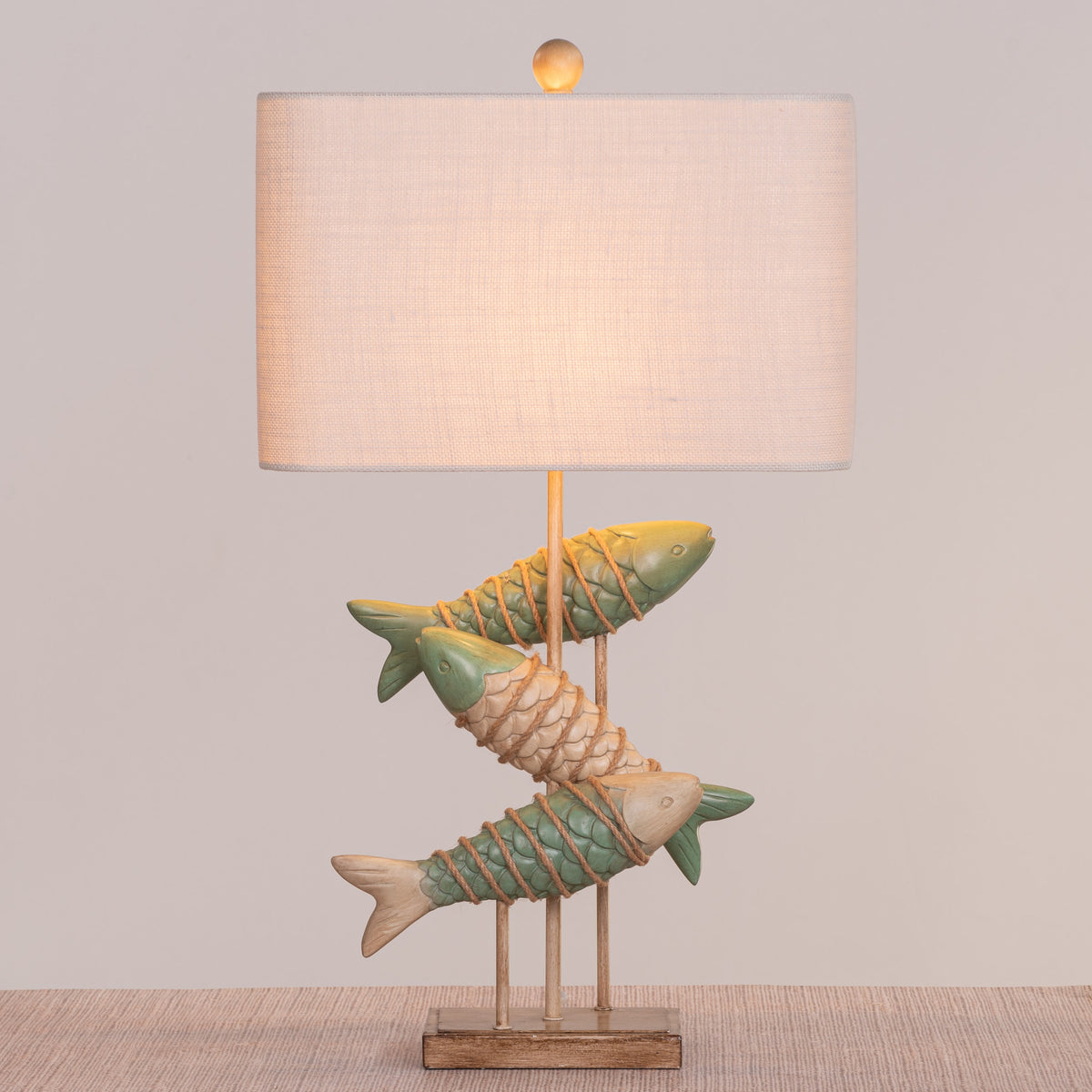 Something Fishy (Green, Beige) Wooden Table Lamp