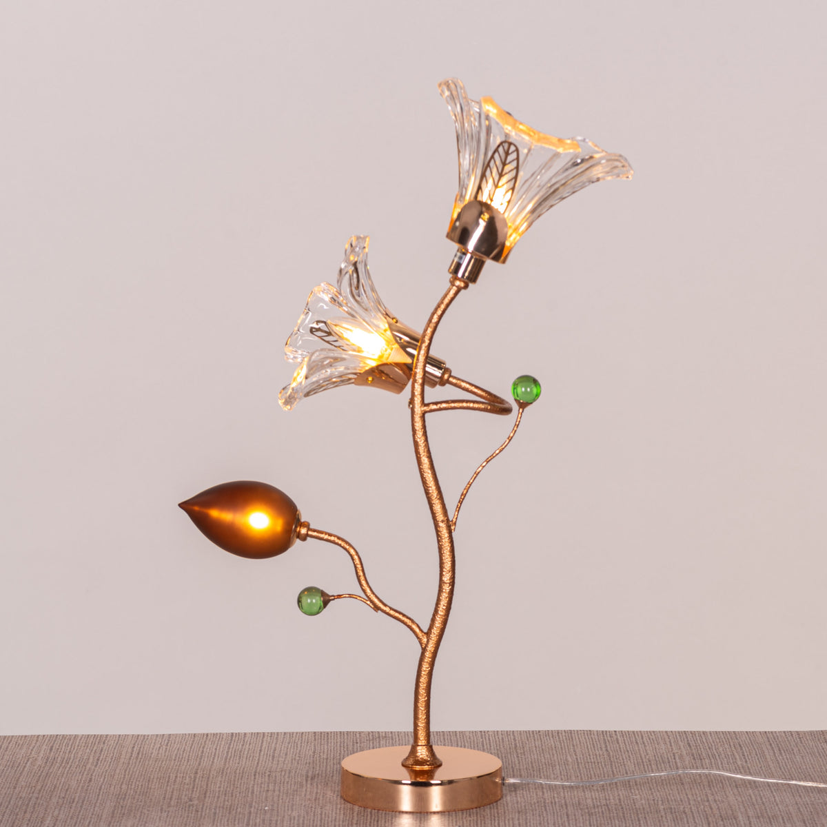 مصباح طاولة زجاجي مزخرف Harubana Grace (ذهبي وردي، كهرماني شفاف)