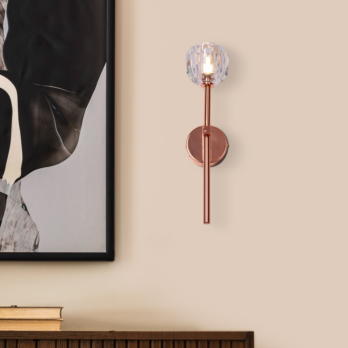 White Diamond (Long Stem, Rose Gold, Single Head) Crystal Wall Light